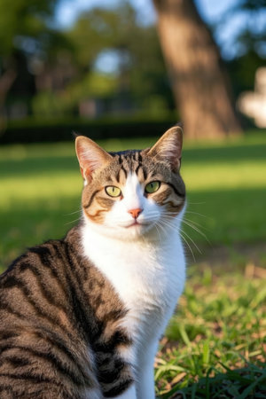 Portrait of a beautiful cat in the park. Selective focus.の素材