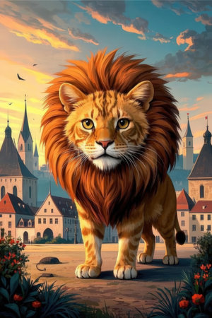 Cartoon lion in the old town. Illustration for children.の素材