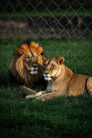 Lion and lioness resting in the shade of a fence.の素材