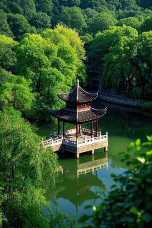 Pavilion on the lake in Hangzhou, China. The pavilion is located in Hangzhou, China.の素材