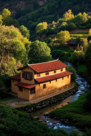 Mountain landscape with river and old house in Yunnan, China.の素材