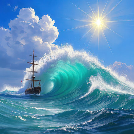 Sailing boat on the ocean wave. 3d render illustration.の素材