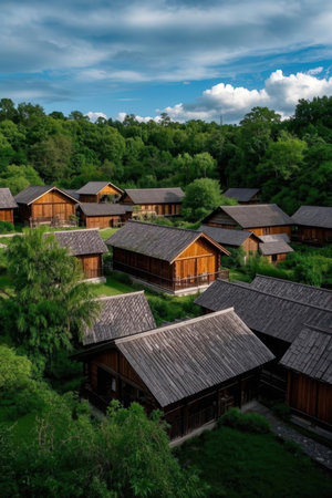 Wooden houses on the banks of the river in the forest.の素材