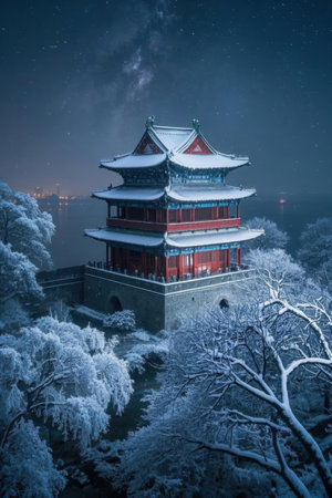 Beautiful night view of the Great Wall of China in winter.の素材