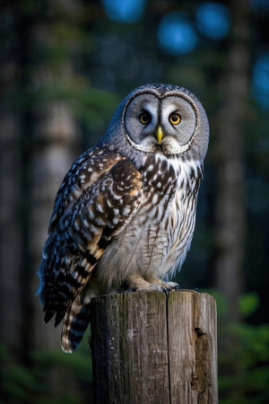 Great Gray Owl (Strix nebulosa) sitting on a postの素材