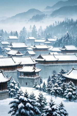 Traditional chinese architecture in winter, Nanjing, Jiangxi, Chinaの素材