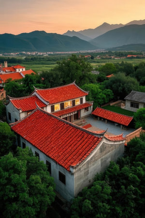 Aerial view of the ancient Chinese town, Shenzhen, Chinaの素材
