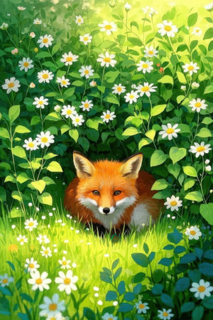 Illustration of a red fox in the meadow with daisiesの素材