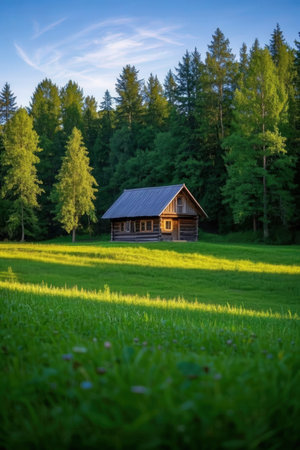 Wooden house in a meadow in front of the forest.の素材