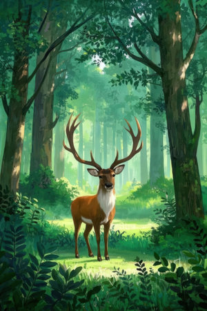 Digital painting of a whitetail deer in a green forest.の素材