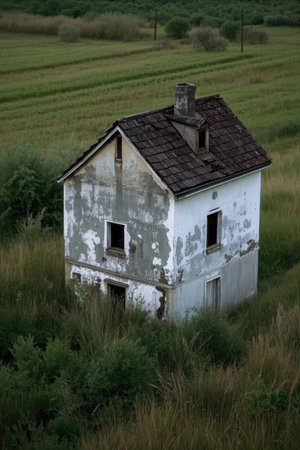 Abandoned house in the middle of a field with green grassの素材
