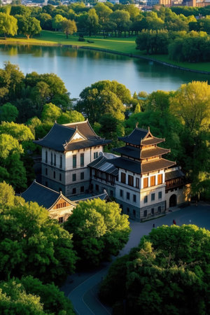 Aerial view of Summer Palace in Beijing at sunset, China.の素材