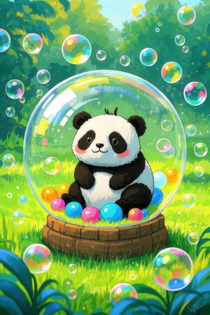 cartoon scene with panda bear in the glass sphere - illustration for childrenの素材