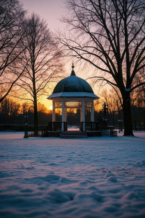 Winter landscape with gazebo in the park at sunset.の素材