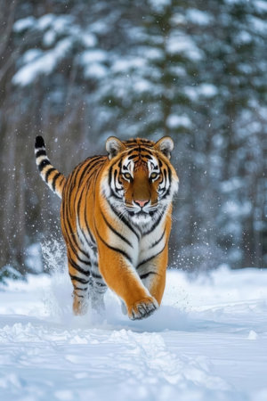 Siberian Tiger running in the snow. Beautiful Amur tiger.の素材