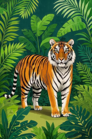 cartoon scene with tiger in the jungle - design for children's roomの素材