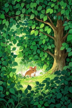mouse in the forest on green leaves background - illustration for children.の素材