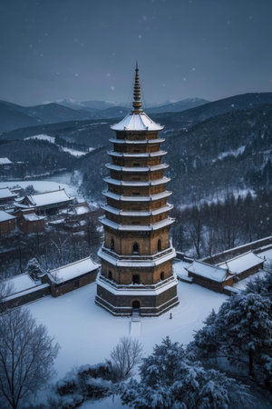 Night view of the pagoda in the winter forest with snow.の素材