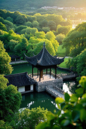 Chinese pavilion in the park at sunset, Beijing, China.の素材