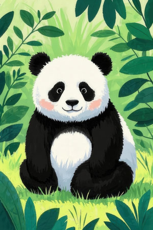 Panda sitting on the grass in the jungle. Vector illustration.の素材