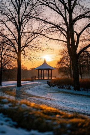 Gazebo in the park at sunset. Winter landscape.の素材