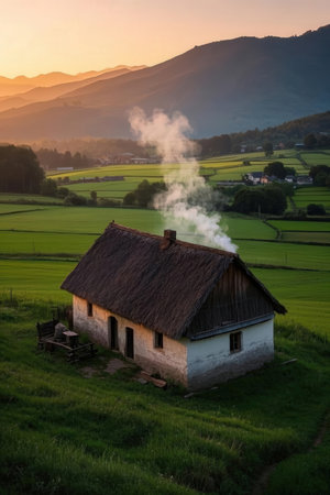 Rural landscape with old house at sunset in Carpathian mountains, Ukraineの素材