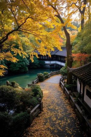 Autumn leaves and pond in Gyeongbokgung Palace, Seoul, South Koreaの素材