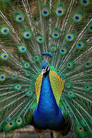 Portrait of peacock with feathers out (Pavo cristatus)の素材