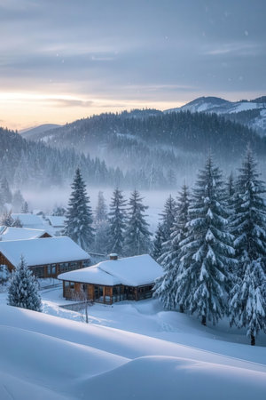 Beautiful winter landscape with snow covered trees in Carpathian mountainsの素材