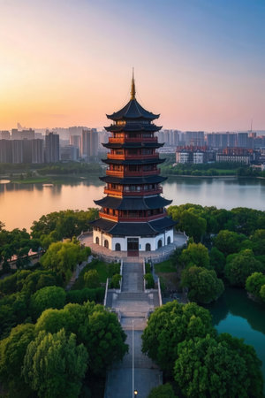 Aerial view of Hangzhou West Lake Tower at sunset, Chinaの素材
