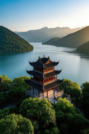 Landscape view of a pavilion on the lake in China.の素材