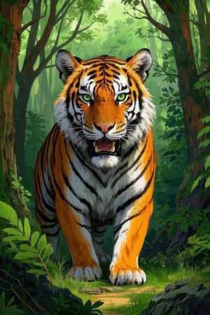 Tiger in the forest. Digital painting of a wild animal.の素材