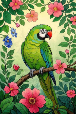 Beautiful parrot sitting on a branch with flowers. Hand drawn illustrationの素材