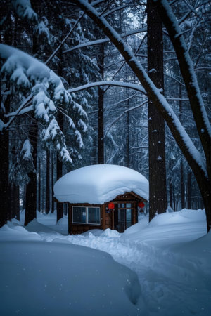 Wooden cottage in the winter forest covered with snow. Toned.の素材