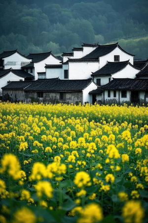 Rape blossoms and old houses in Hangzhou, China.の素材