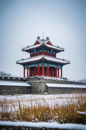 Winter snowfall at Gyeongbokgung Palace in Seoul, South Koreaの素材