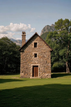 Old stone church in a park in Dolomites, Italy.の素材