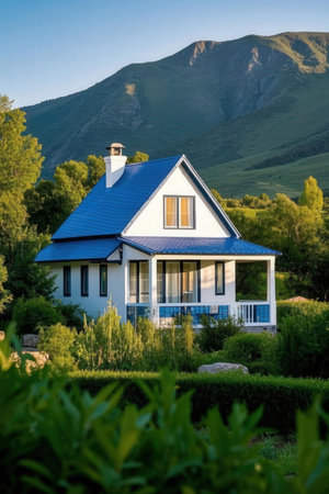 Modern house with blue roof in the middle of green grass and mountainsの素材