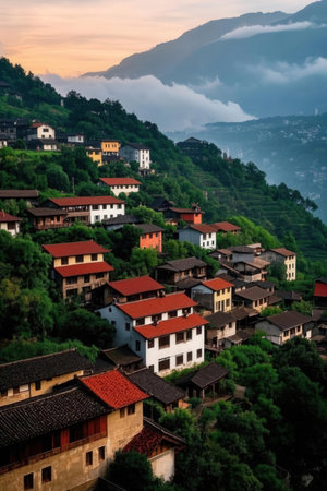 Houses on the hillside at sunset, Piedmont, Italyの素材