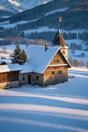 Traditional swiss wooden church in winter landscape with snow in Alps, Switzerlandの素材