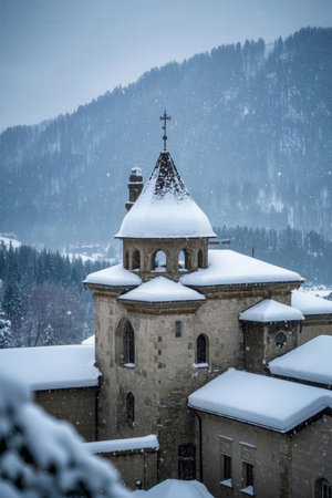 Beautiful view of medieval church in winter, Bled, Sloveniaの素材