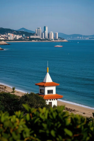 Beautiful landscape of the sea and the city in the background.の素材