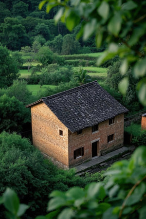 Old stone house in the middle of a green forest with grass and treesの素材