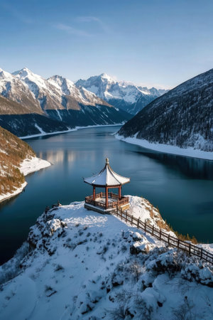Beautiful winter landscape with a pavilion on the mountain lake.の素材