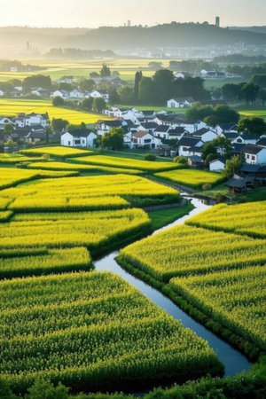Aerial view of a village with green fields and river at sunsetの素材