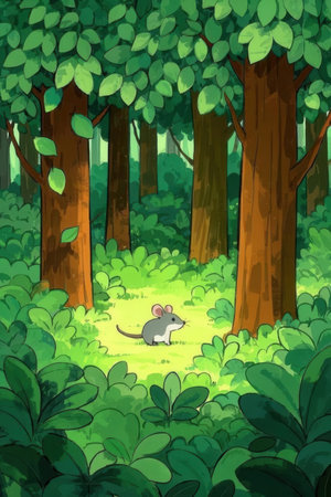 Illustration of a forest with a mouse in front of a treeの素材