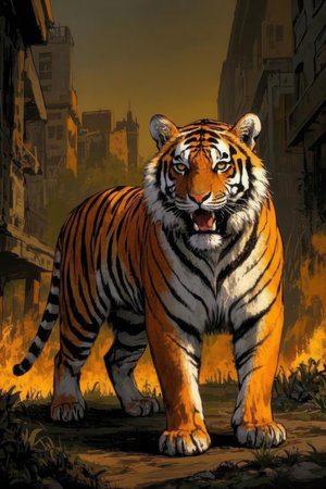 Siberian tiger in the city. Digital painting. Illustration.の素材