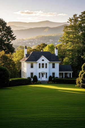 Luxury house in the park with mountains in the background.の素材