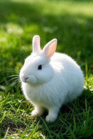 Cute white rabbit on green grass in the garden, close upの素材
