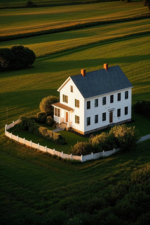 Aerial view of a farm house in the middle of a fieldの素材